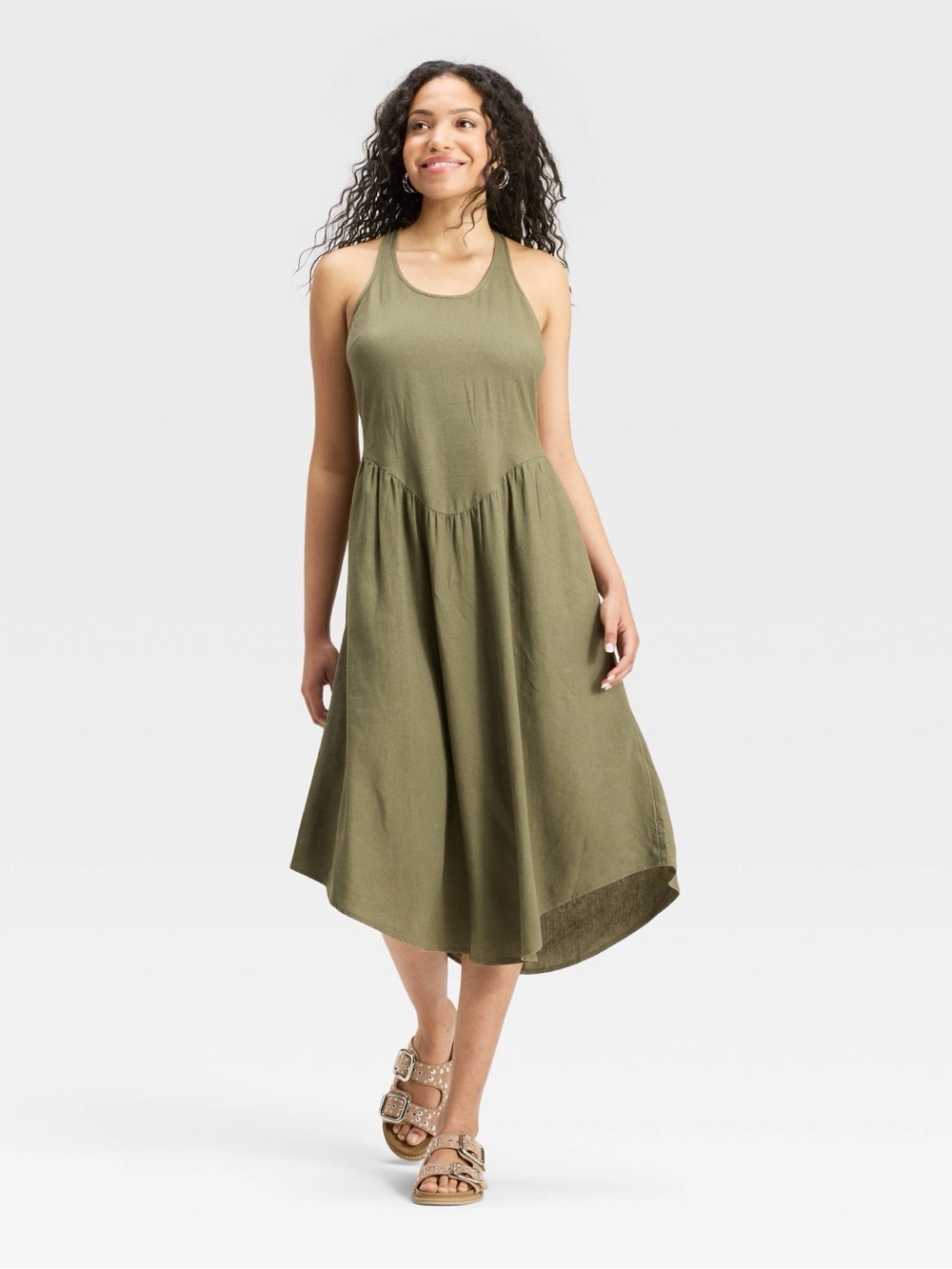 Universal Thread Olive Green Linen Midi Dress XS Racerback Drop Waist Boho